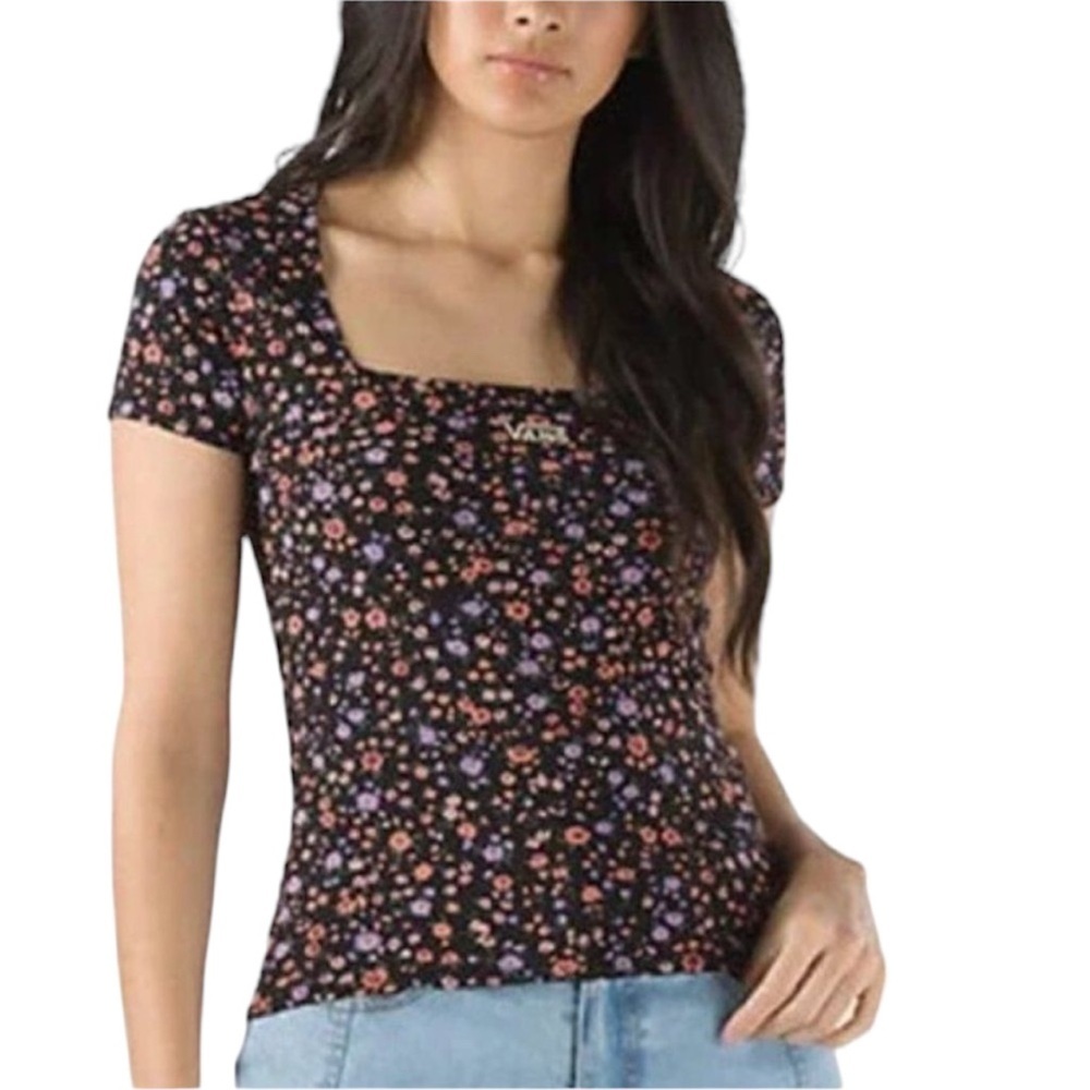 Vans Square Neck Daisy Floral Print Cap Short Sleeve T Shirt Size Small